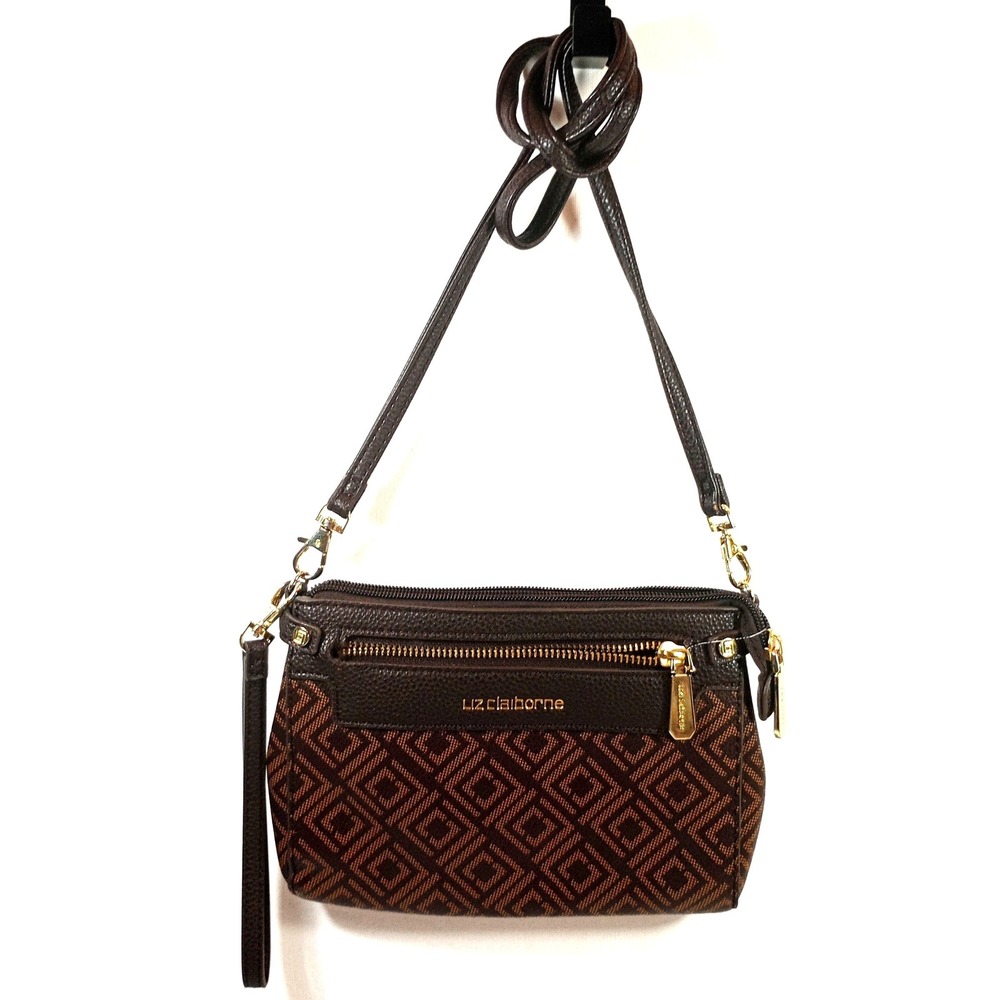 Liz Claiborne Crossbody Bag Small Brown Geometric Monogram Wristlet Wallet